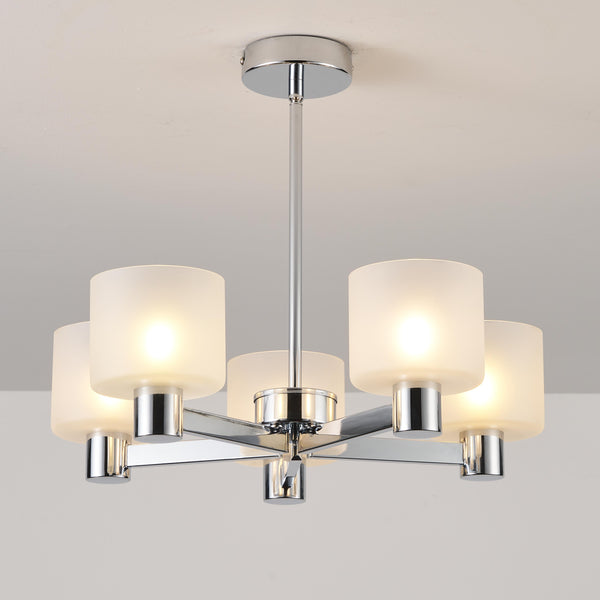 Modern 5 Lights Chandelier Ceiling Light, Chrome Semi Flush Ceiling Lamp with Sanded Glass Shades, 5xG9 Ceiling Lighting