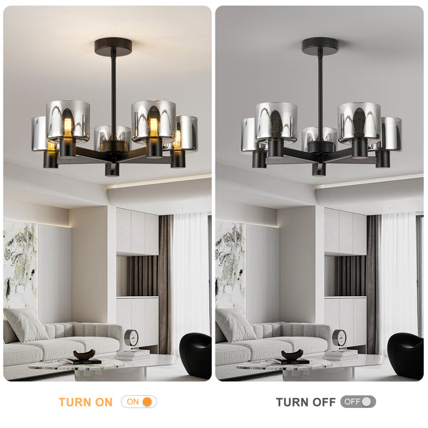 5 Lights Semi Flush Ceiling Lamp with Smoked Glass Shades, Matt Black