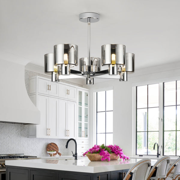 Modern 5 Lights Chandelier Ceiling Light, Chrome Semi Flush Ceiling Lamp with Smoked Glass Shades, 5xG9 Ceiling Lighting
