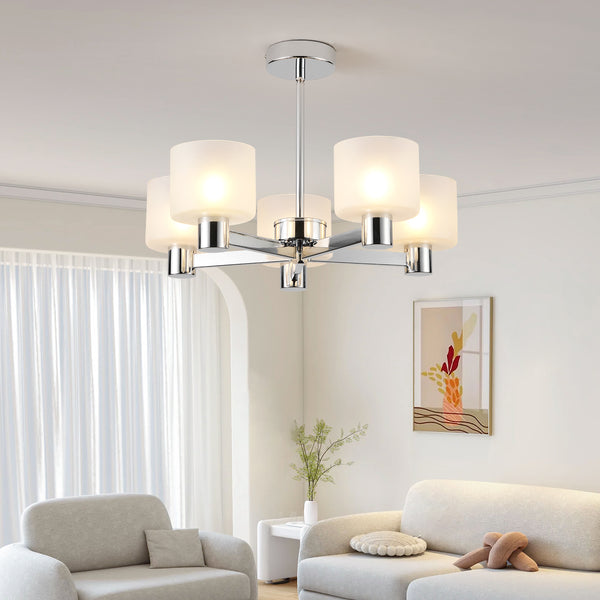 Modern 5 Lights Chandelier Ceiling Light, Chrome Semi Flush Ceiling Lamp with Sanded Glass Shades, 5xG9 Ceiling Lighting