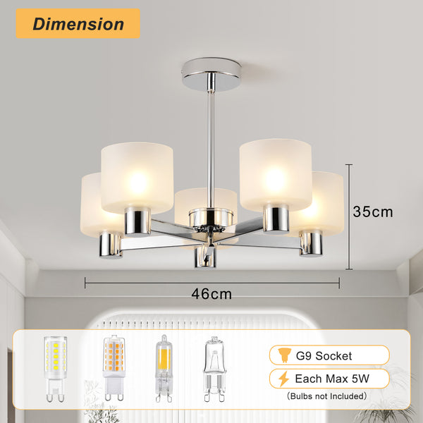 Modern 5 Lights Chandelier Ceiling Light, Chrome Semi Flush Ceiling Lamp with Sanded Glass Shades, 5xG9 Ceiling Lighting