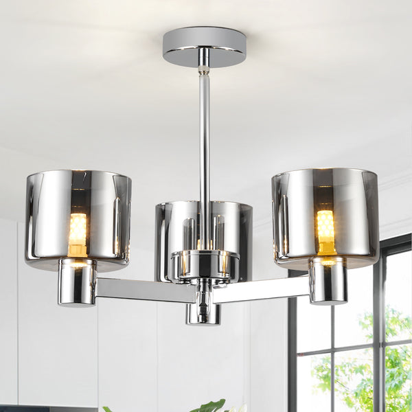 3 Lights Semi Flush Ceiling Lamp with Smoked Glass Shades, Chrome Finish