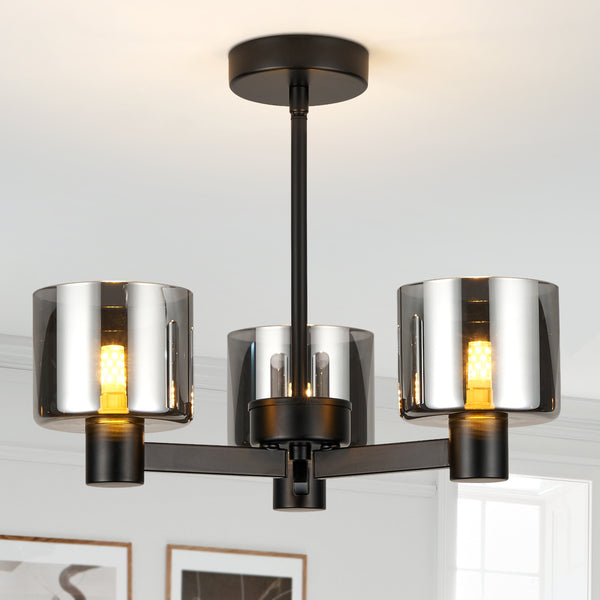 3 Lights Semi Flush Ceiling Lamp with Smoked Glass Shades, Matt Black