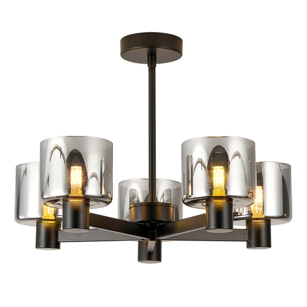5 Lights Semi Flush Ceiling Lamp with Smoked Glass Shades, Matt Black