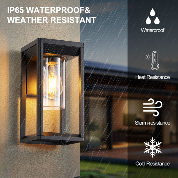 Outdoor Wall Lights Lantern Mains Powered, Black Aluminum, Outside Wall Lamp with Clear Shade, Security Lights for Porch Front Door