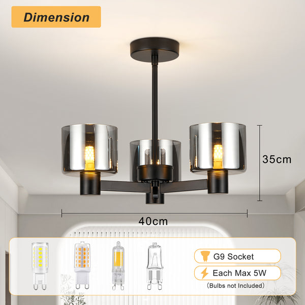 3 Lights Semi Flush Ceiling Lamp with Smoked Glass Shades, Matt Black