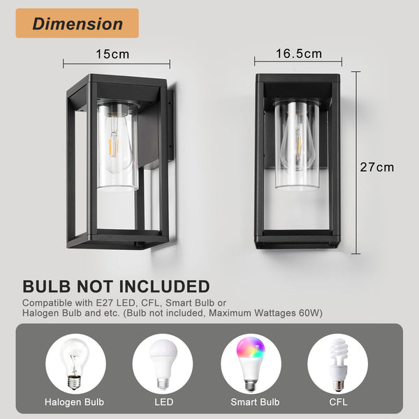 Outdoor Wall Lights Lantern Mains Powered, Black Aluminum, Outside Wall Lamp with Clear Shade, Security Lights for Porch Front Door