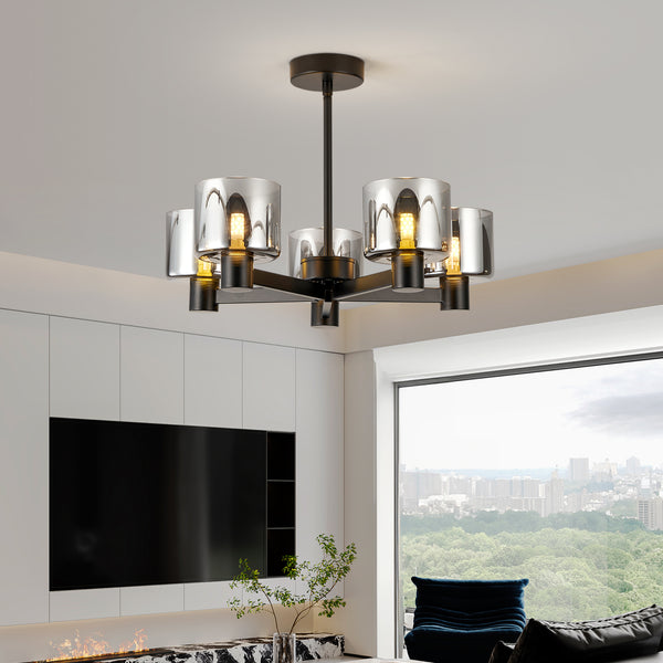 5 Lights Semi Flush Ceiling Lamp with Smoked Glass Shades, Matt Black
