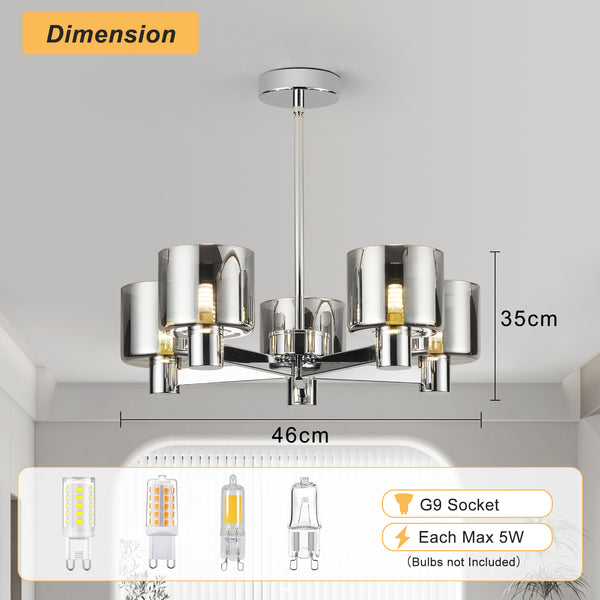 Modern 5 Lights Chandelier Ceiling Light, Chrome Semi Flush Ceiling Lamp with Smoked Glass Shades, 5xG9 Ceiling Lighting
