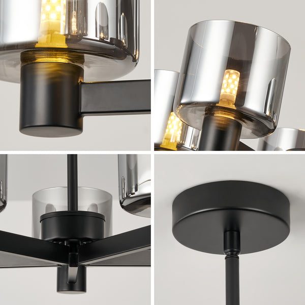 5 Lights Semi Flush Ceiling Lamp with Smoked Glass Shades, Matt Black