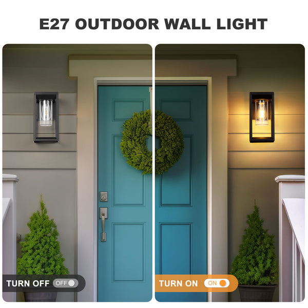 Outdoor Wall Lights Lantern Mains Powered, Black Aluminum, Outside Wall Lamp with Clear Shade, Security Lights for Porch Front Door