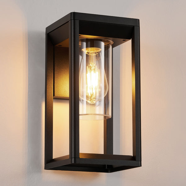 Outdoor Wall Lights Lantern Mains Powered, Black Aluminum, Outside Wall Lamp with Clear Shade, Security Lights for Porch Front Door