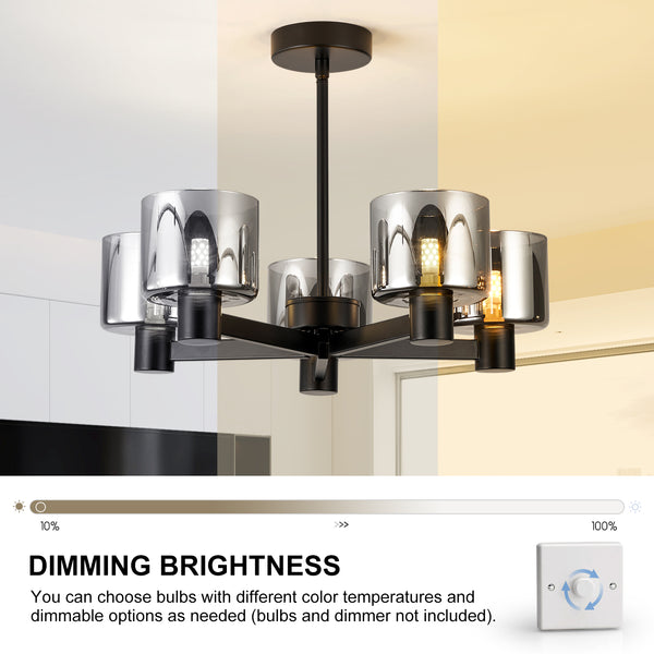 5 Lights Semi Flush Ceiling Lamp with Smoked Glass Shades, Matt Black