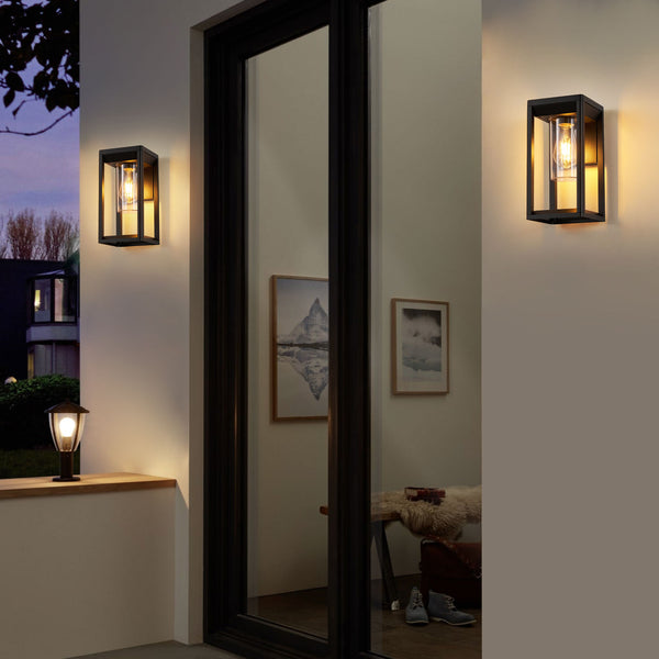 Outdoor Wall Lights Lantern Mains Powered, Black Aluminum, Outside Wall Lamp with Clear Shade, Security Lights for Porch Front Door