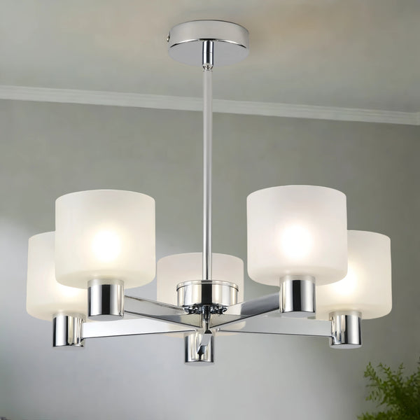 Modern 5 Lights Chandelier Ceiling Light, Chrome Semi Flush Ceiling Lamp with Sanded Glass Shades, 5xG9 Ceiling Lighting