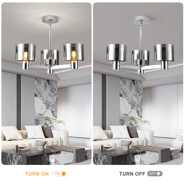 3 Lights Semi Flush Ceiling Lamp with Smoked Glass Shades, Chrome Finish