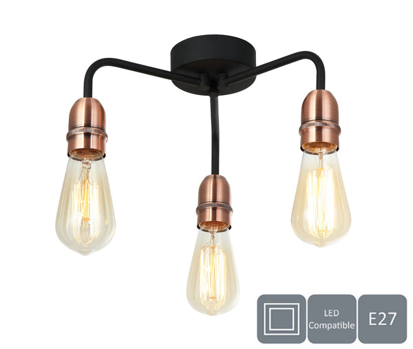 HARPER LIVING 3 Light Ceiling Light, Black with Copper, E27/ES Cap Type, Drop-Arms