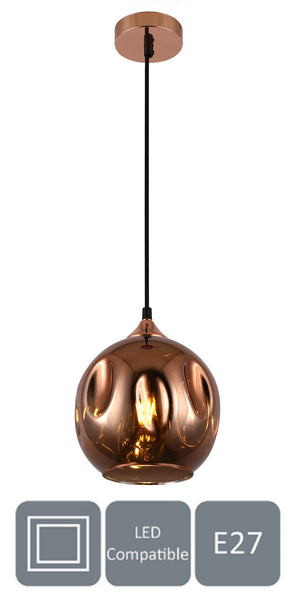 HARPER LIVING 1xE27/ES Pendant Ceiling Light, Rose Gold Finish, Dome Shade, 60 Watts Maximum, Adjustable Height