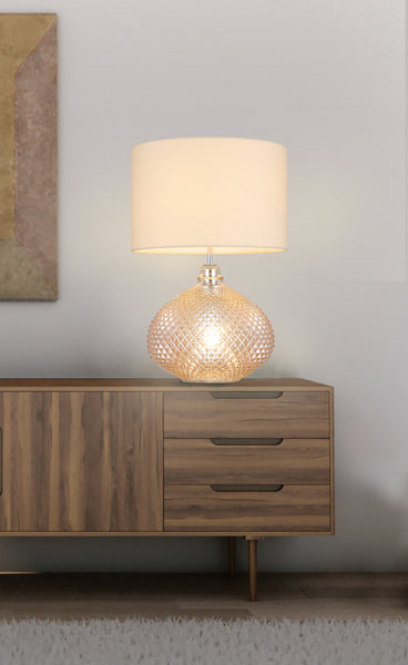 Single Table Lamp with Twin On/Off Switches, UK/EU Plug, Amber Base Glass Finish, Fabric Shade Taupe Finish, Suitable for LED Upgrade