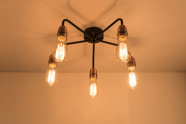 HARPER LIVING 5 Light Ceiling Light, Black with Copper, E27/ES Cap Type, Drop Arms