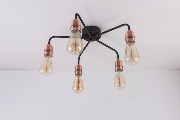 HARPER LIVING 5 Light Ceiling Light, Black with Copper, E27/ES Cap Type, Drop Arms