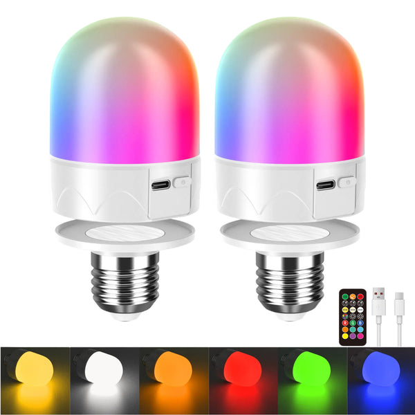 HARPER LIVING USB Rechargeable LED Bulb with Remote, E27 Screw & Magnetic, Dimmable 9 Colours RGB Light Bulbs, 2 Pack