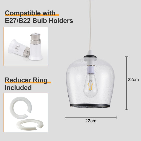 HARPER LIVING Easy Fit Pendant  Light Glass Shade with Bubbles, Matt Black Finish, E27/B22 Lamp Shade with Reducer Ring