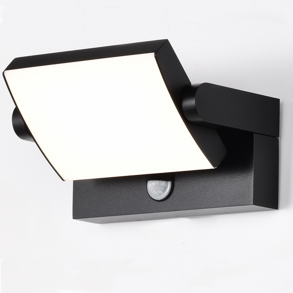 LED Black Outdoor Wall Light with PIR Sensor, Adjustable Rectangular Light IP54, 20 Watts 1100 Lumens 4000K