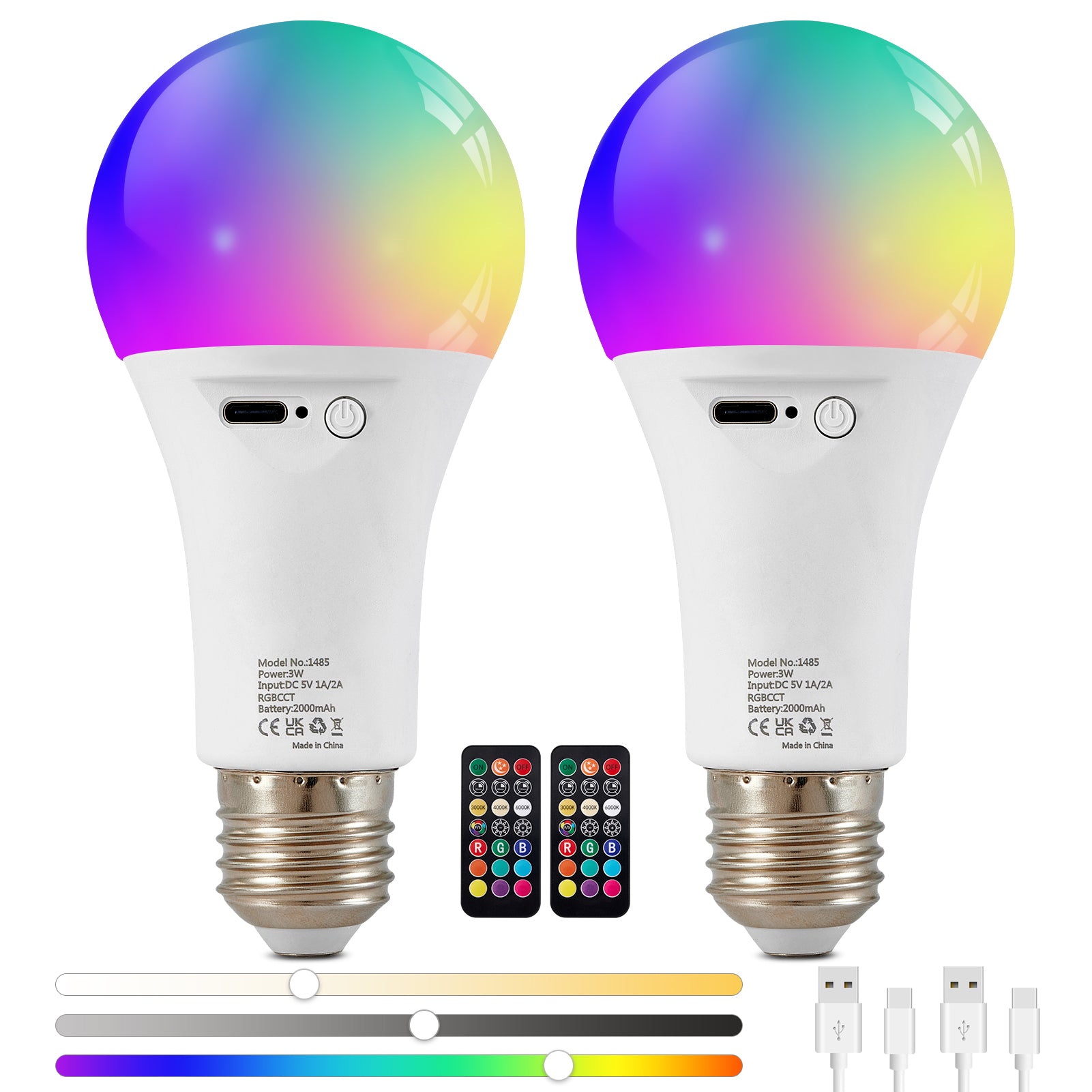 2x HARPER LIVING Rechargeable Light Bulb with Remote, LED E27, Dimmable 9 Colours A60 RGB Lamp Bulbs 2000mAh Battery
