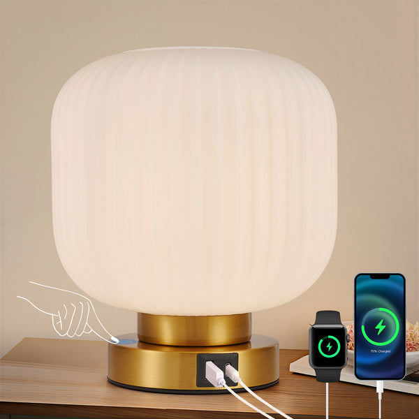 HARPER LIVING Table Lamp with USB-C & USB-A Charging Ports, Touch Control Dimmable E27 Desk Lamp, Cream Glass Shade