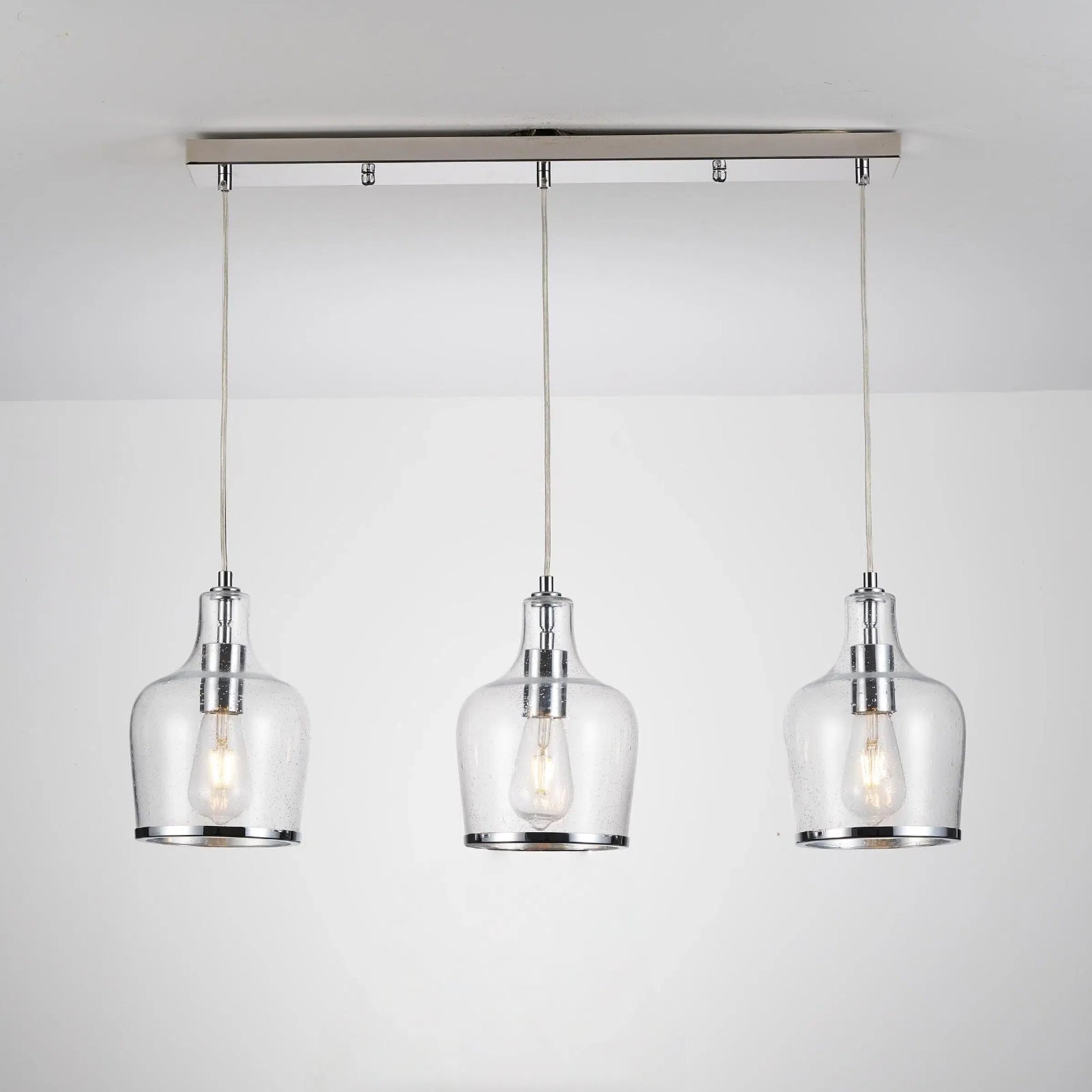 HARPER LIVING 3-Light Pendant Ceiling Light, Modern Polished Chrome Island Ceiling Light with Bubbles Glass Shades