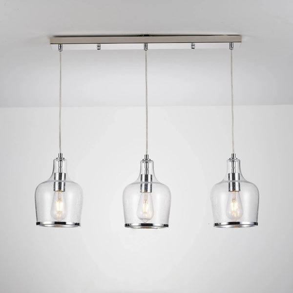 HARPER LIVING 3-Light Pendant Ceiling Light, Modern Polished Chrome Island Ceiling Light with Bubbles Glass Shades