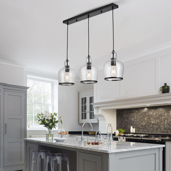 HARPER LIVING 3-Light Pendant Ceiling Light, Modern Matte Black Island Ceiling Light with Bubbles Glass Shades