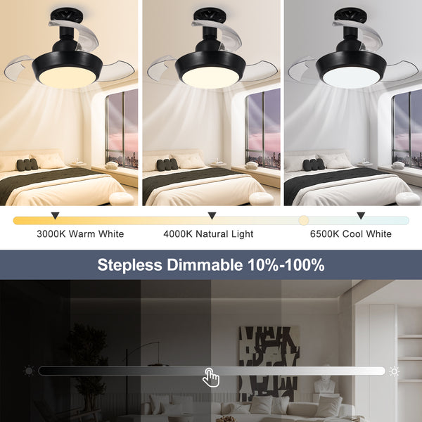 HARPER LIVING Ceiling Fans with Lights, E27 Screw in Fan Lamp with 3 Retractable Blades, 30W 1400LM Dimmable Black
