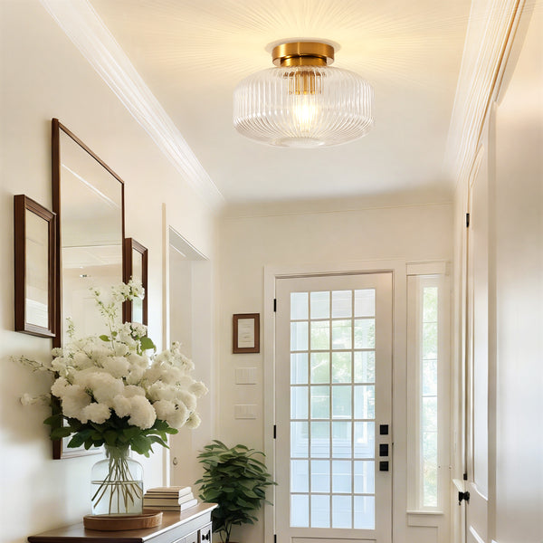 HARPER LIVING Ceiling Light Brass Finish, 27cm Vintage Ceiling Lamp with Textured Glass Shade, E27 Socket IP44 Flush Mount Lighting