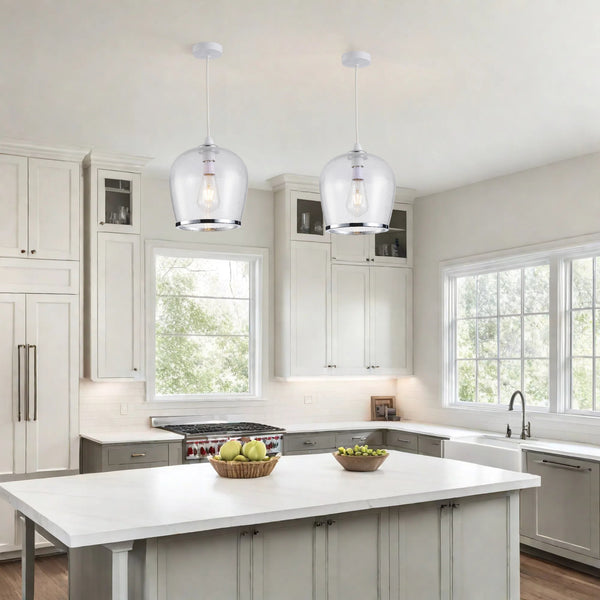 HARPER LIVING Easy Fit Pendant  Light Glass Shade with Bubbles, Polished Chrome Finish, E27/B22 Lamp Shade with Reducer Ring