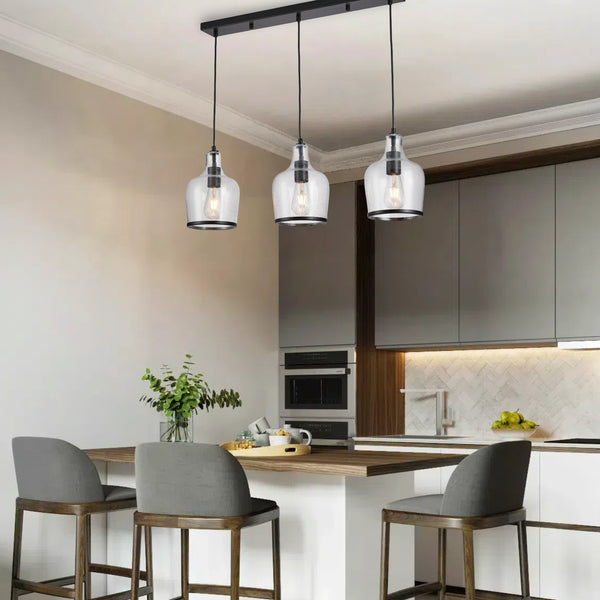 HARPER LIVING 3-Light Pendant Ceiling Light, Modern Matte Black Island Ceiling Light with Bubbles Glass Shades