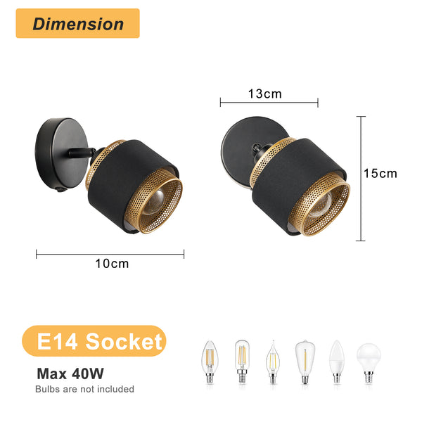 HARPER LIVING Black & Gold Wall Light, Modern Wall Lamp Indoor E14 Socket, Rotatable, Metal Mesh & Fabric Shade