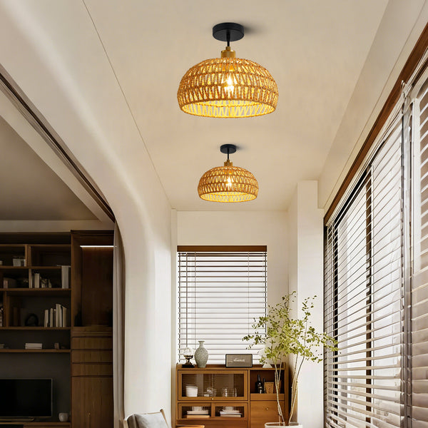 HARPER LIVING Easy Fit Handwoven Rope Ceiling Light Shade with Reducer Ring, E27/B22 Yellow Woven Shade for Pendant Lights & Floor