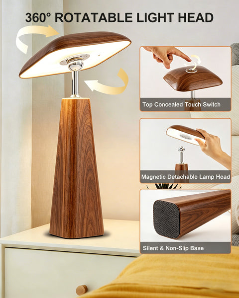 HARPER LIVING Rechargeable Table Lamp, Magnetic Touch Mushroom Bedside Light Dimmable, Portable Desk Lamp, Wood Colour