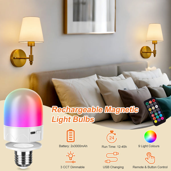 HARPER LIVING Set of 2 Battery Wall Lights, Fabric Lamps with Rechargeable Bulbs, Remote, 3 CCT & 9 RGB Dimmable Brass