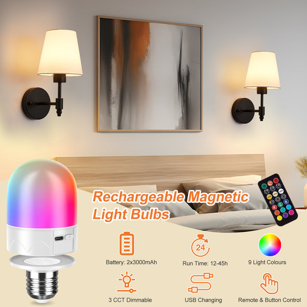 HARPER LIVING Set of 2 Battery Wall Lights, Fabric Lamps with Rechargeable Bulbs, Remote, 3 CCT & 9 RGB Dimmable Black