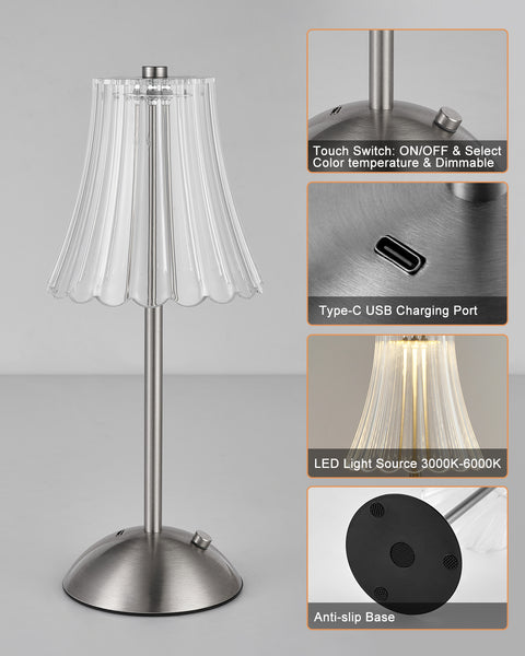 HARPER LIVING Rechargeable Table Lamp, Bedside Reading Light Satin Nickel Finish, Cordless Touch Lamps, Bedroom, Living Room