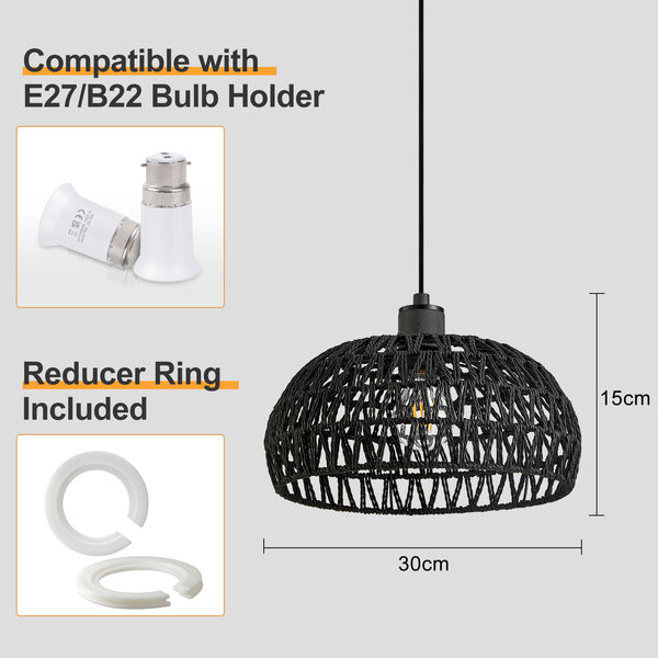 HARPER LIVING Easy Fit Handwoven Rope Ceiling Light Shade with Reducer Ring, E27/B22 Black Woven Shade for Pendant Lights & Floor