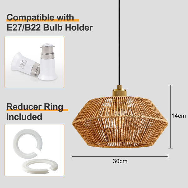 HARPER LIVING Easy Fit Pendant Light Shade, Handwoven Rope Ceiling Lampshade with Reducer Ring, E27 B22