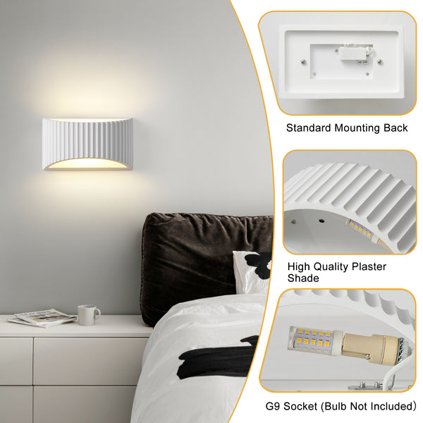 HARPER LIVING Large Modern Wall Light, Wave Pattern Shade, G9 Cap Type Up and Down Wall Lamp, White Ceramic Paintable