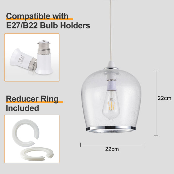 HARPER LIVING Easy Fit Pendant  Light Glass Shade with Bubbles, Polished Chrome Finish, E27/B22 Lamp Shade with Reducer Ring