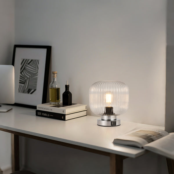 HARPER LIVING Table Lamp with USB-C & USB-A Charging Ports, Touch Control Dimmable E27 Desk Lamp, Clear Glass Shade