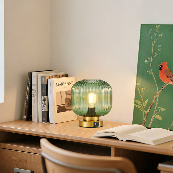 HARPER LIVING Table Lamp with USB-C & USB-A Charging Ports, Touch Control Dimmable E27 Desk Lamp, Green Glass Shade