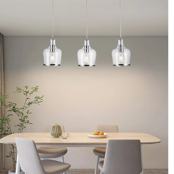 HARPER LIVING 3-Light Pendant Ceiling Light, Modern Polished Chrome Island Ceiling Light with Bubbles Glass Shades
